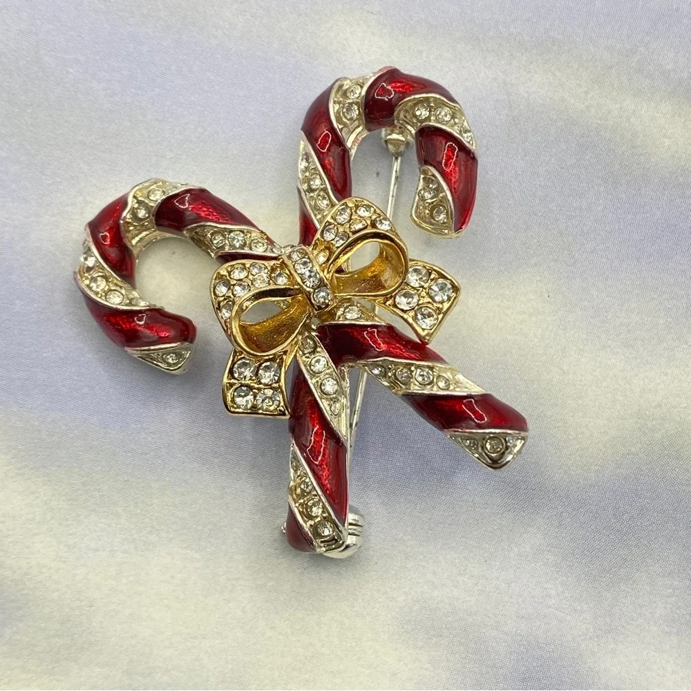 Candy Canes Rhinestone Silver Tone Holiday Christmas Brooch